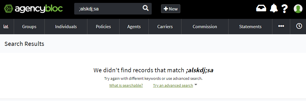 Screenshot showing an example of the Global Search with no results