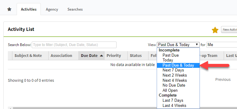 Screenshot showing the Activities Dashboard