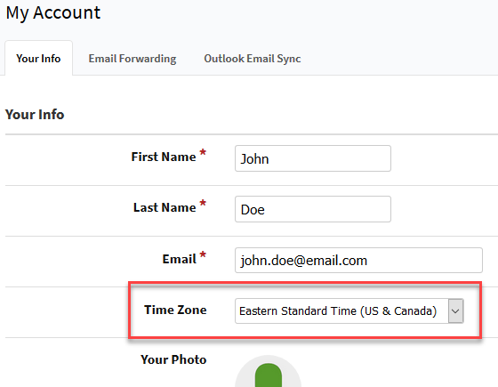 Screenshot showing the time zone in My Account settings
