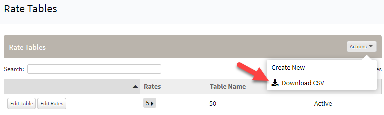 Screenshot showing how to download a CSV for rate tables