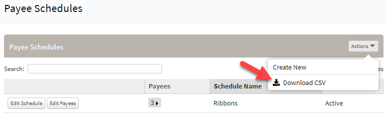Screenshot showing how to download a CSV for payee schedules