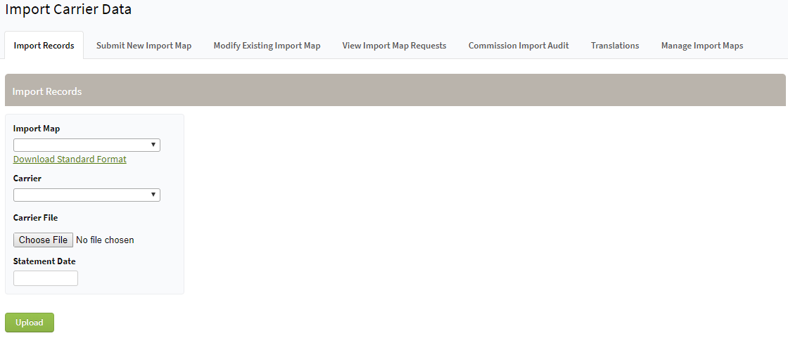 Screenshot showing the Import Carrier Data tab before being updated