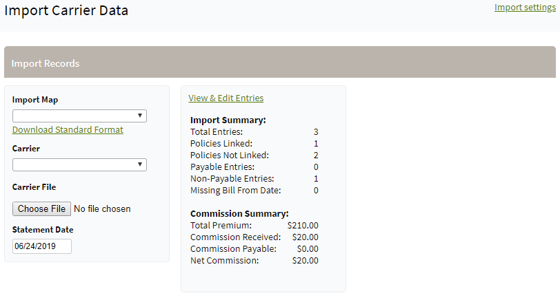 Screenshot showing the Import Carrier Data page before the update