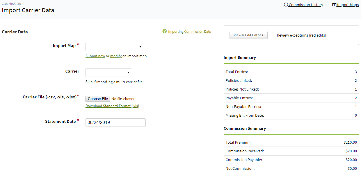 Screenshot showing the Import Carrier Data page after the update