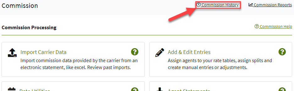 Screenshot showing a link to the Commission History on the Commission page
