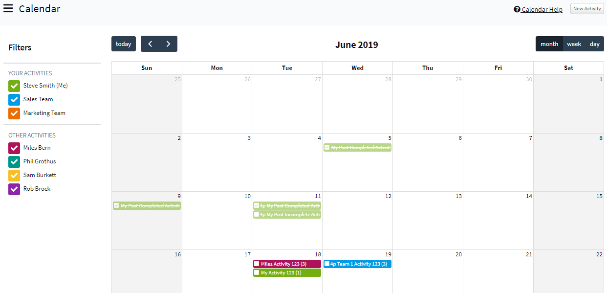 Screenshot showing an example of a calendar with scheduled activities