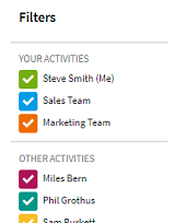 Screenshot showing filters to pick and choose which activities from which users and teams to show