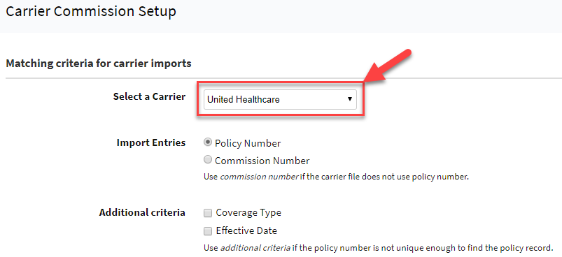 Screenshot highlighting the carrier field in Carrier Commission Setup