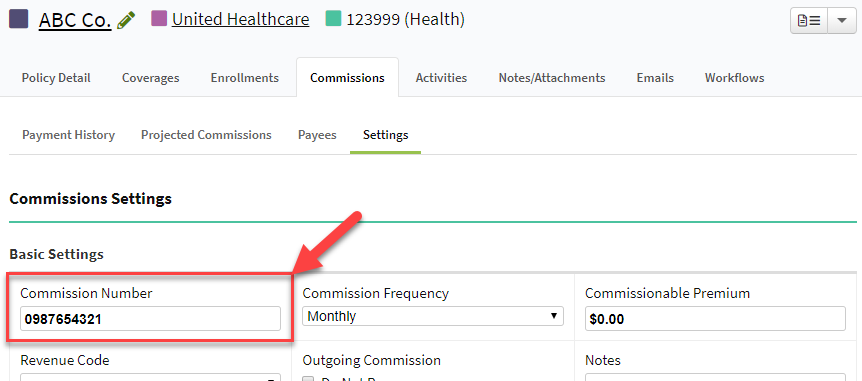 Screenshot showing the Commission Number field on a group policy