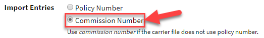 Screenshot highlighting the Commission Number option in Carrier Commission Setup