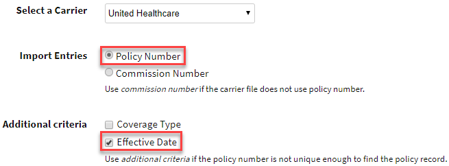 Screenshot highlighting the Policy Number and Effective Date options in Carrier Import Setup