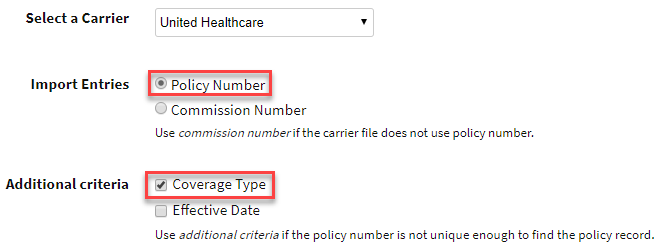 Screenshot highlighting the Policy Number and Coverage Type options in Carrier Import Setup