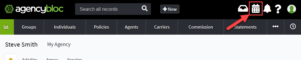 Screenshot showing how to access the AgencyBloc Calendar