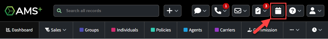 Screenshot highlighting the calendar icon in the AgencyBloc header