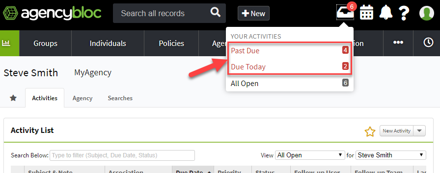 Screenshot showing the activity tray in the AgencyBloc header