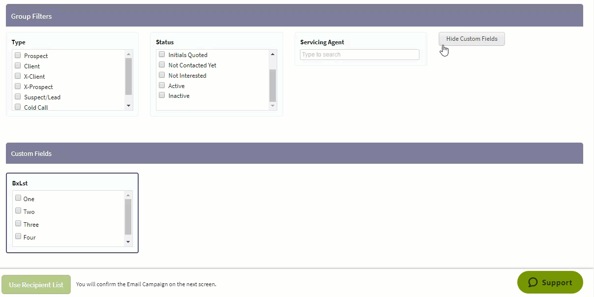 Animated image showing how to use Group custom fields to filter the recipient list for an email campaign