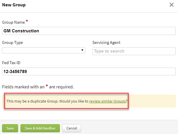 Screenshot showing the duplicate detection banner when creating a new Group record