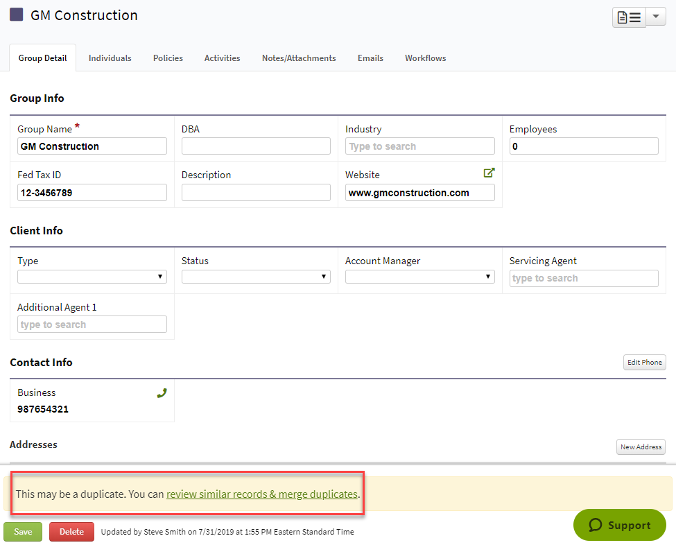 Screenshot showing the duplicate detection banner when viewing a Group record