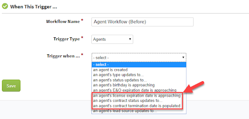 Screenshot showing workflow trigger types before the update