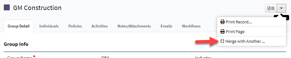 Screenshot showing the dropdown option to merge a group record with another