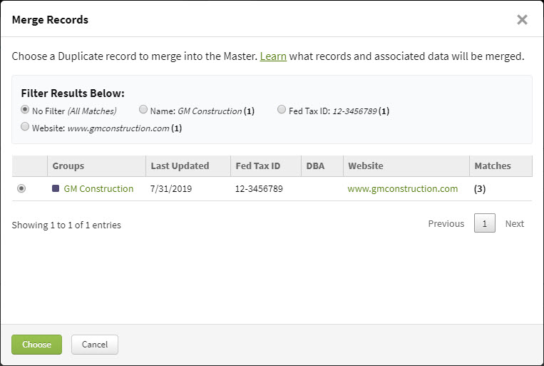 Screenshot showing a table with a duplicate group record selected to merge into the master group record