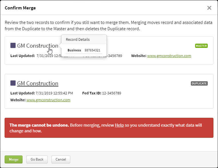 Screenshot showing the confirmation step for finalizing the merge