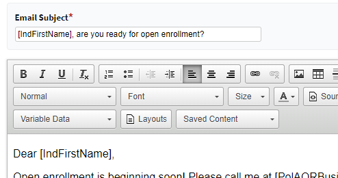 Screenshot showing variable data in the subject line of the email editor
