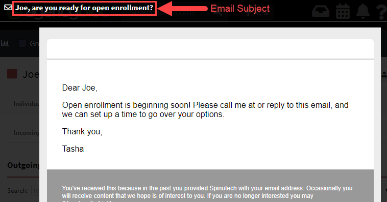 Screenshot showing an example of variable data in an email subject