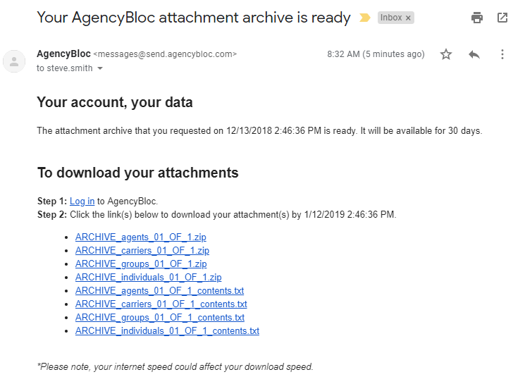 Screenshot showing an email from the attachment archive with the links to download your attachments