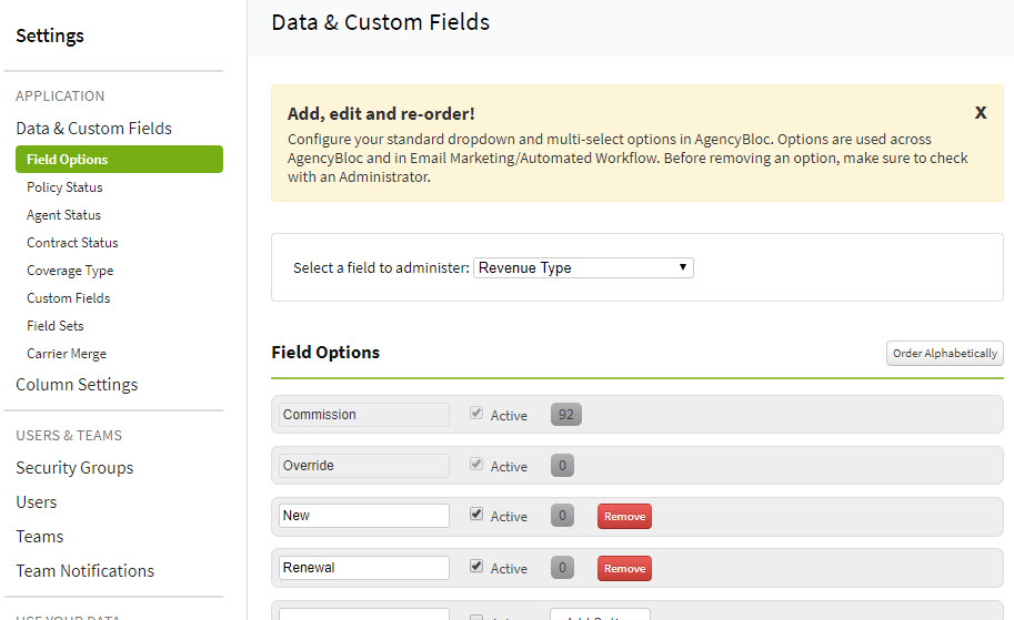 Screenshot showing field option settings