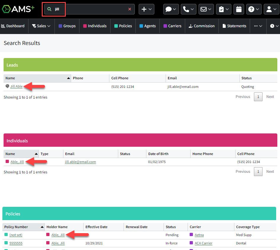 Screenshot showing the global search