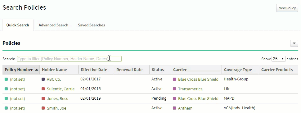 Animated image showing how to use the Policies Quick Search