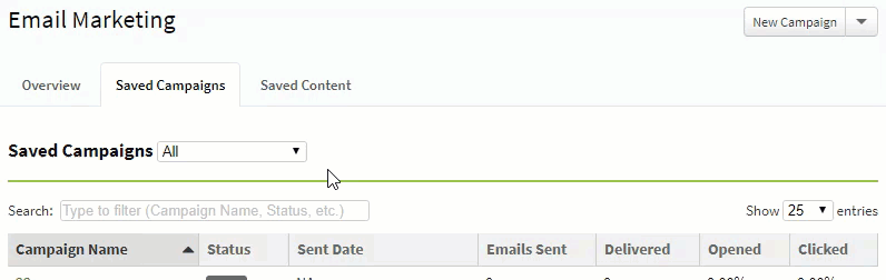 Animated image showing how to filter saved email campaigns