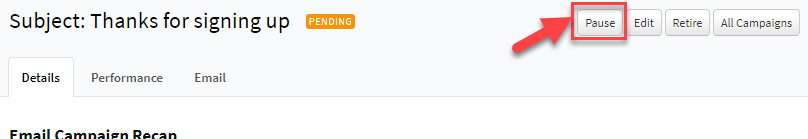 Screenshot showing the pause button in an email campaign
