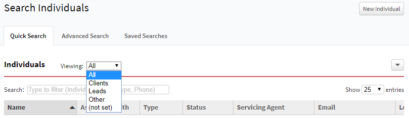 Screenshot showing the type category filter on the Individuals Quick Search