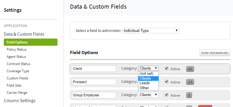 Screenshot showing type categories in Field Option settings