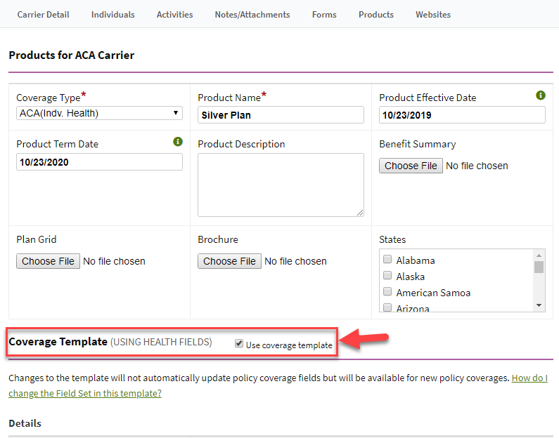 Screenshot showing the coverage template on a carrier product