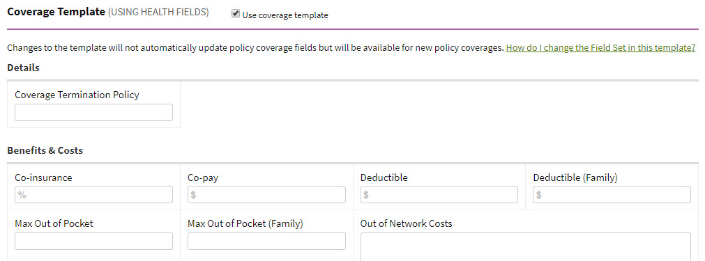 Screenshot showing the coverage template on a carrier product