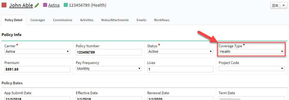 Screenshot showing the coverage type field on a Policy record