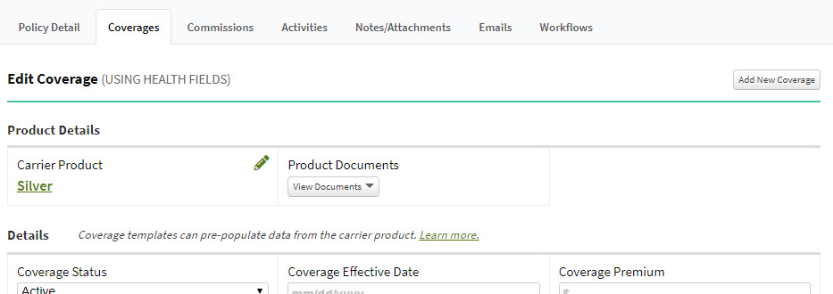 Screenshot showing the Coverages tab on a Policy