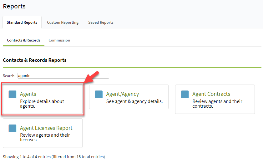 Screenshot showing the Agents standard report