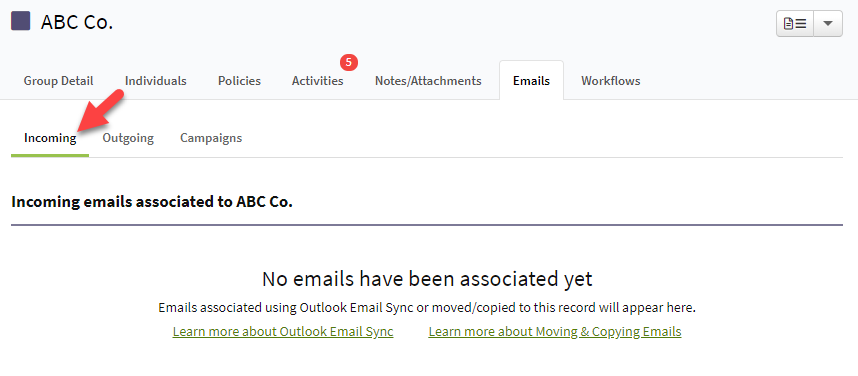 Screenshot showing the Incoming emails tab on a Group record