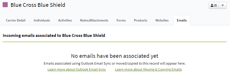 Screenshot showing the Incoming emails tab on a Carrier record