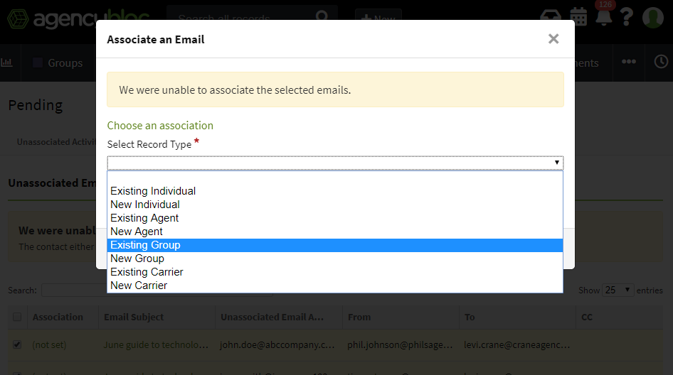 Screenshot showing how to associate an email with a Group or Carrier record