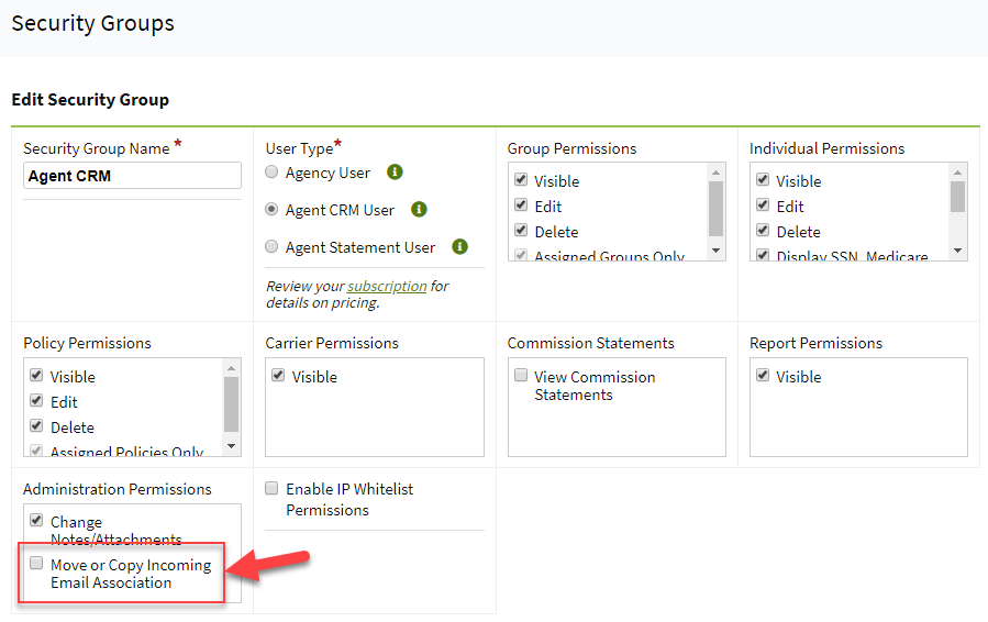 Screenshot showing the new Move or Copy Incoming Email Association Security Group permission