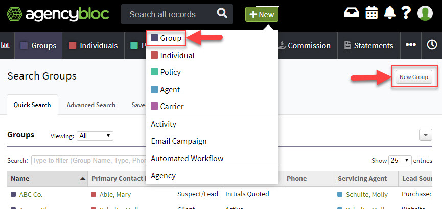 Screenshot showing the options to create a new group record using the +New button in the AgencyBloc header or the Groups section

