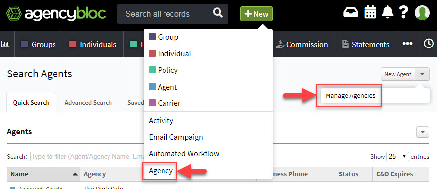 Screenshot showing the options to create a new agency using the +New button in the AgencyBloc header or the Agents section