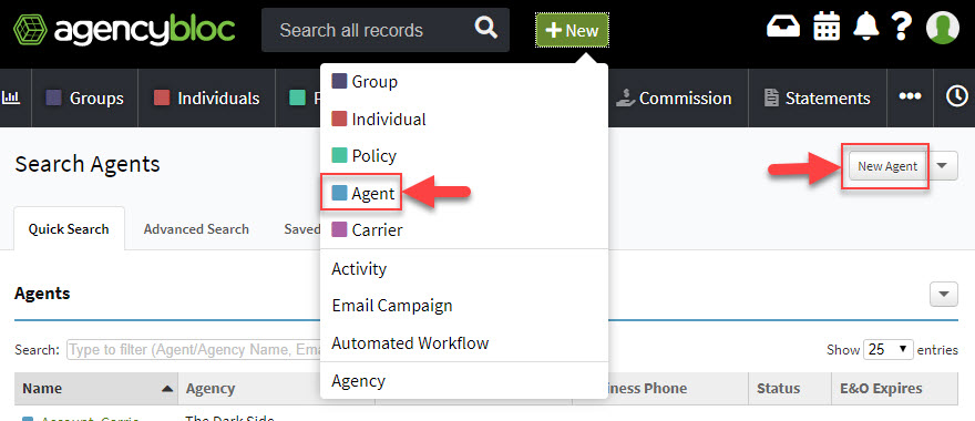 Screenshot showing the options to create a new agent record using the +New button in the AgencyBloc header or the Agents section
