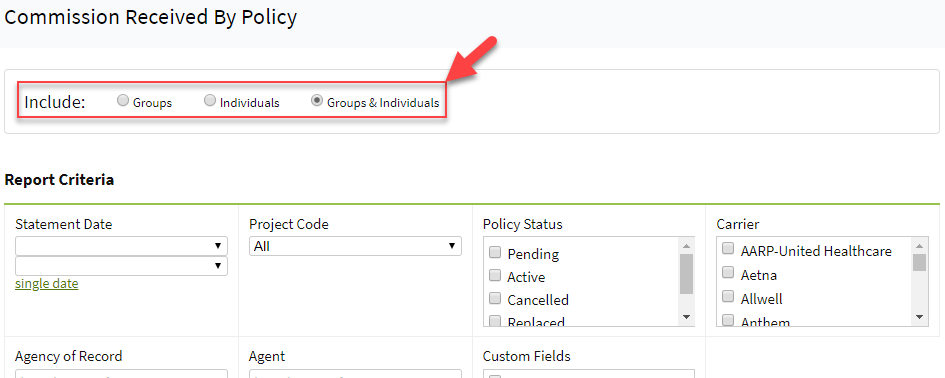 Screenshot showing new criteria in the Commission Received by Policy report