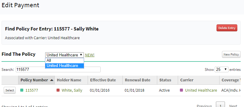 Screenshot showing a carrier filter on the Edit Payment screen